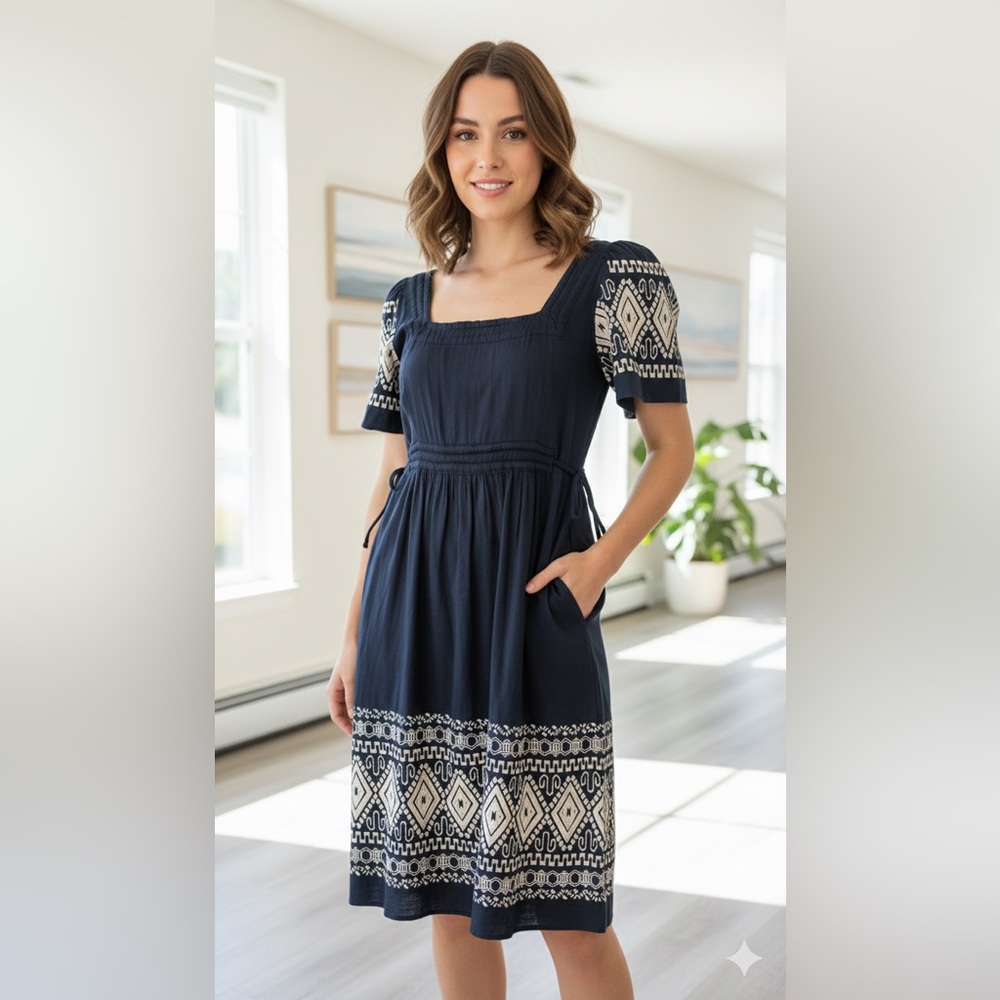 Joanna Baraschi Embroidered Cotton Dress – Navy Blue & Ivory – Size L